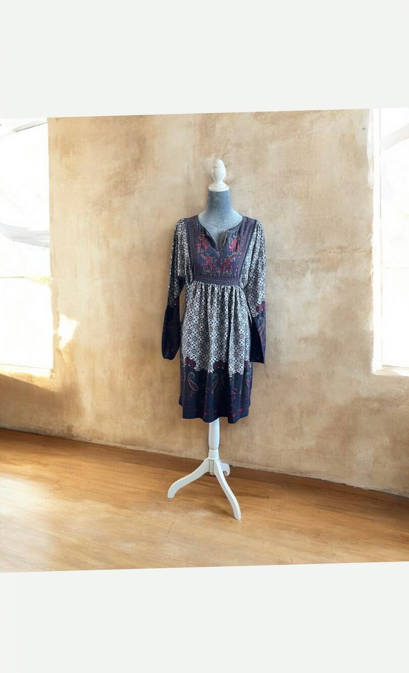 Sahalie Embroidered Floral Boho Dress Long Sleeve Knit Tasseled PXL